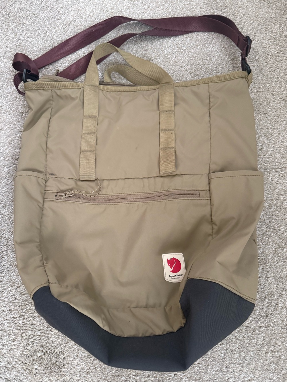 Fjallraven Khaki Tote Backpack with Burgundy Strap